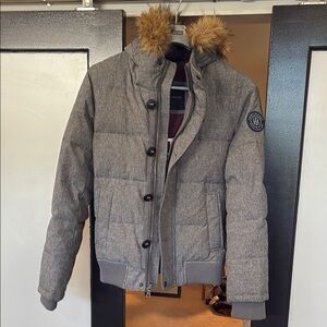 Tommy Hilfiger Gray Puffer Jacket with Faux Fur Hood